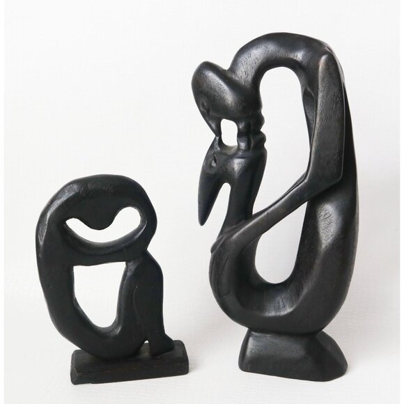 2 Hand-Carved Wood Sculptures Abstract Kissing Couple & Woman - Picture 1 of 6
